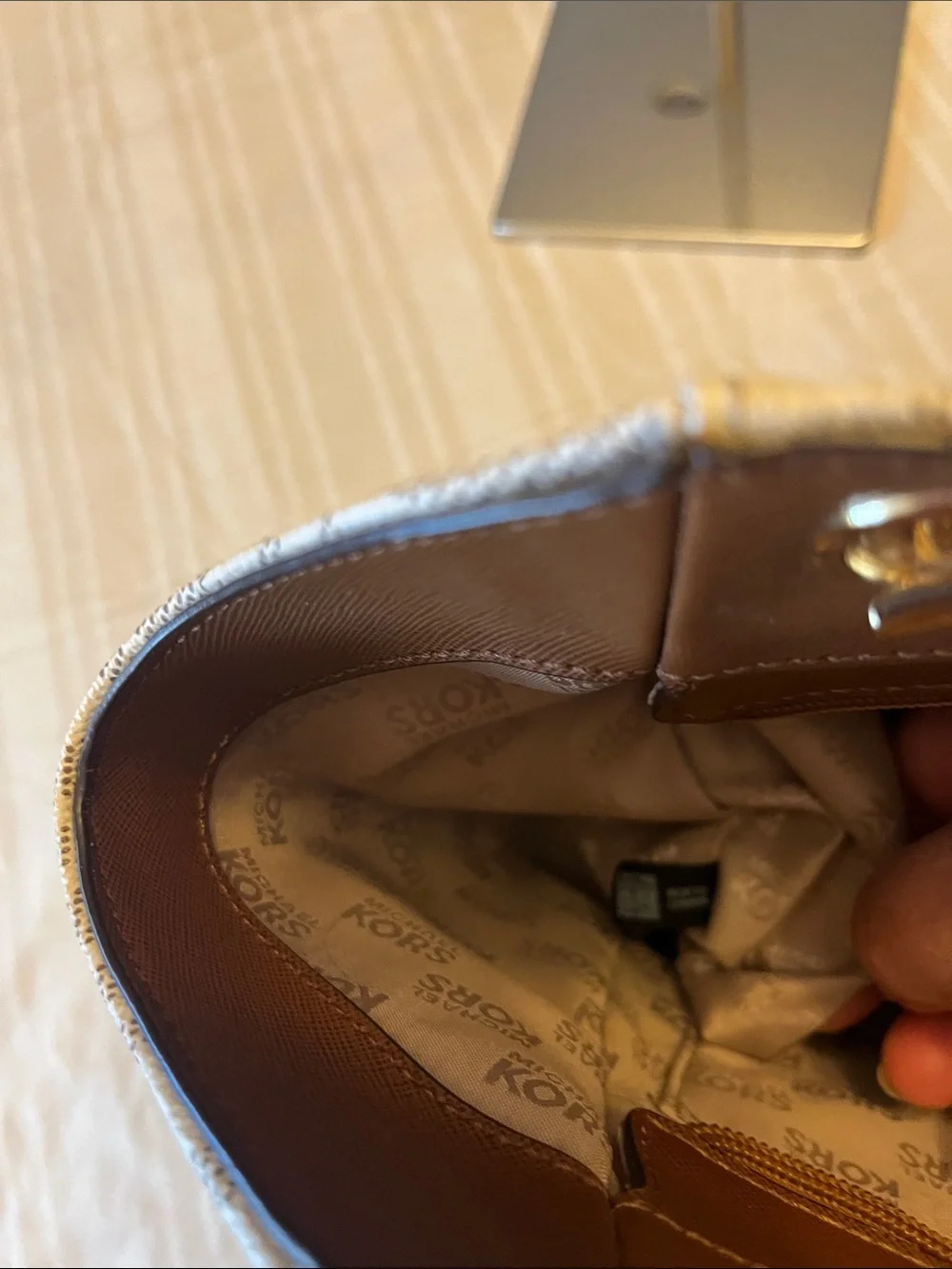 Michael Kors Beige MK Signature Tote with Tan Leather & Gold-Tone Hardware
